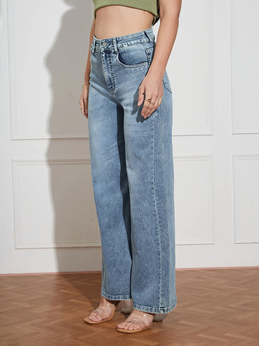 Core Wardrobe CHASEshape? Women's Light Blue High Rise Clean Look Regular-Length Stretchable Denim Wide Leg Shaping Jeans