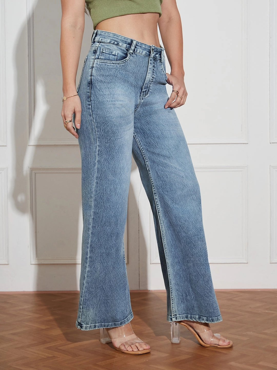 CHASEshape? Women's Light Blue High Rise Clean Look Regular-Length Stretchable Denim Wide Leg Shaping Jeans Eco Friendly Dye Morning Stroll Stretch