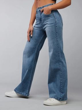 CHASEshape? Women's Light Blue Wide-Leg High-Rise Clean-Look Regular-Length Stretchable Denim Jeans Style Focus Raw Hem Design