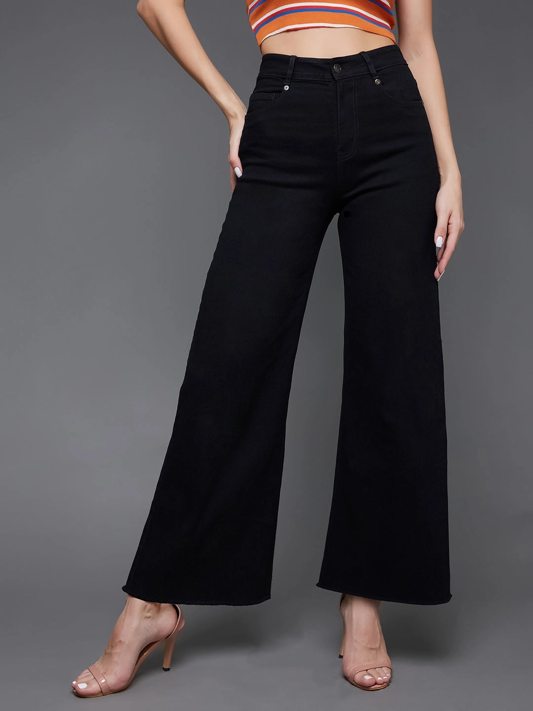Basic Style Mid Rise Fit CHASEstretch? Black High-Rise Wide-Leg Denim Jeans