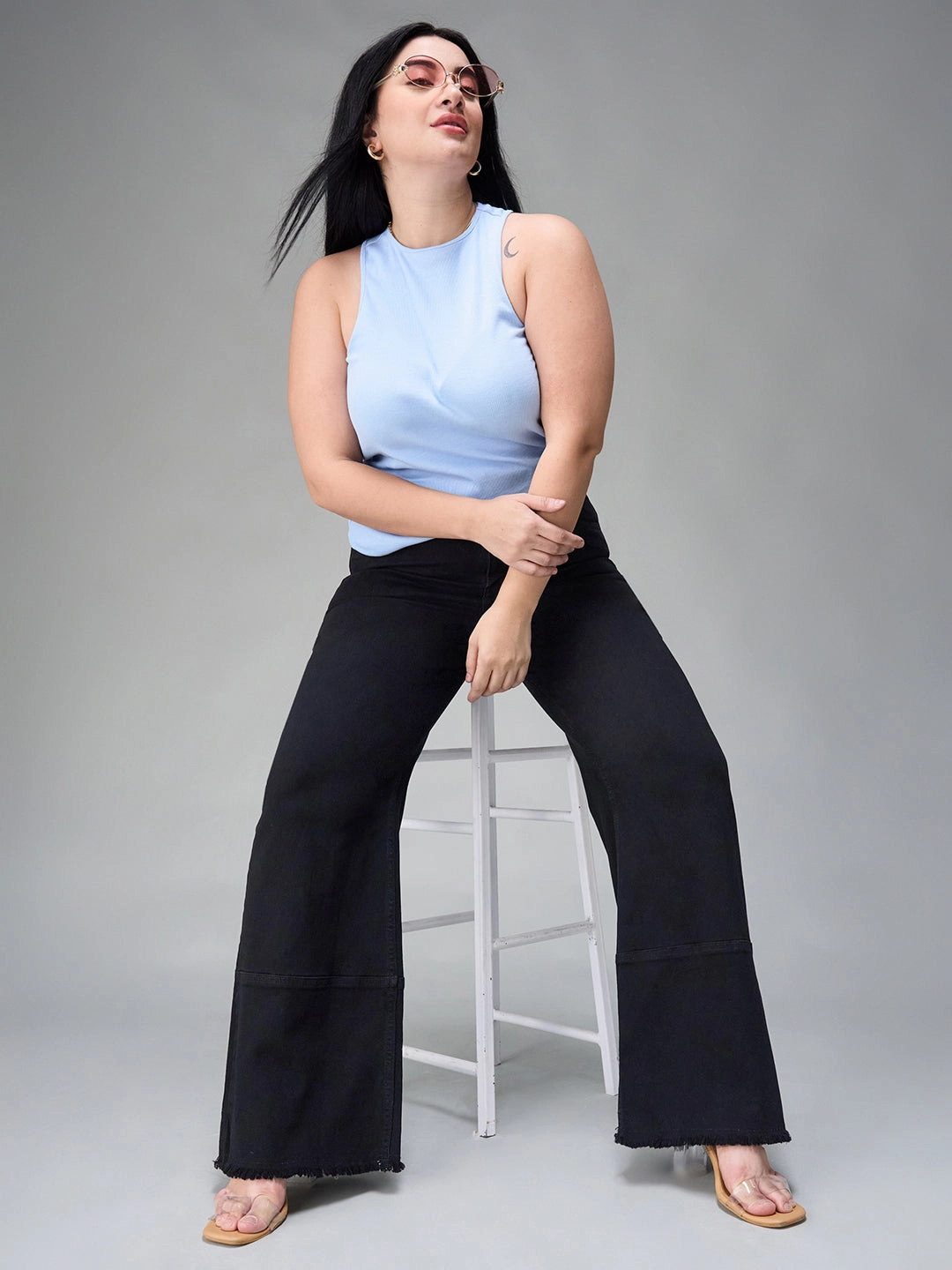 Stylish Waistband CHASEstretch? Black Wide-Leg High-Rise Denim Jeans