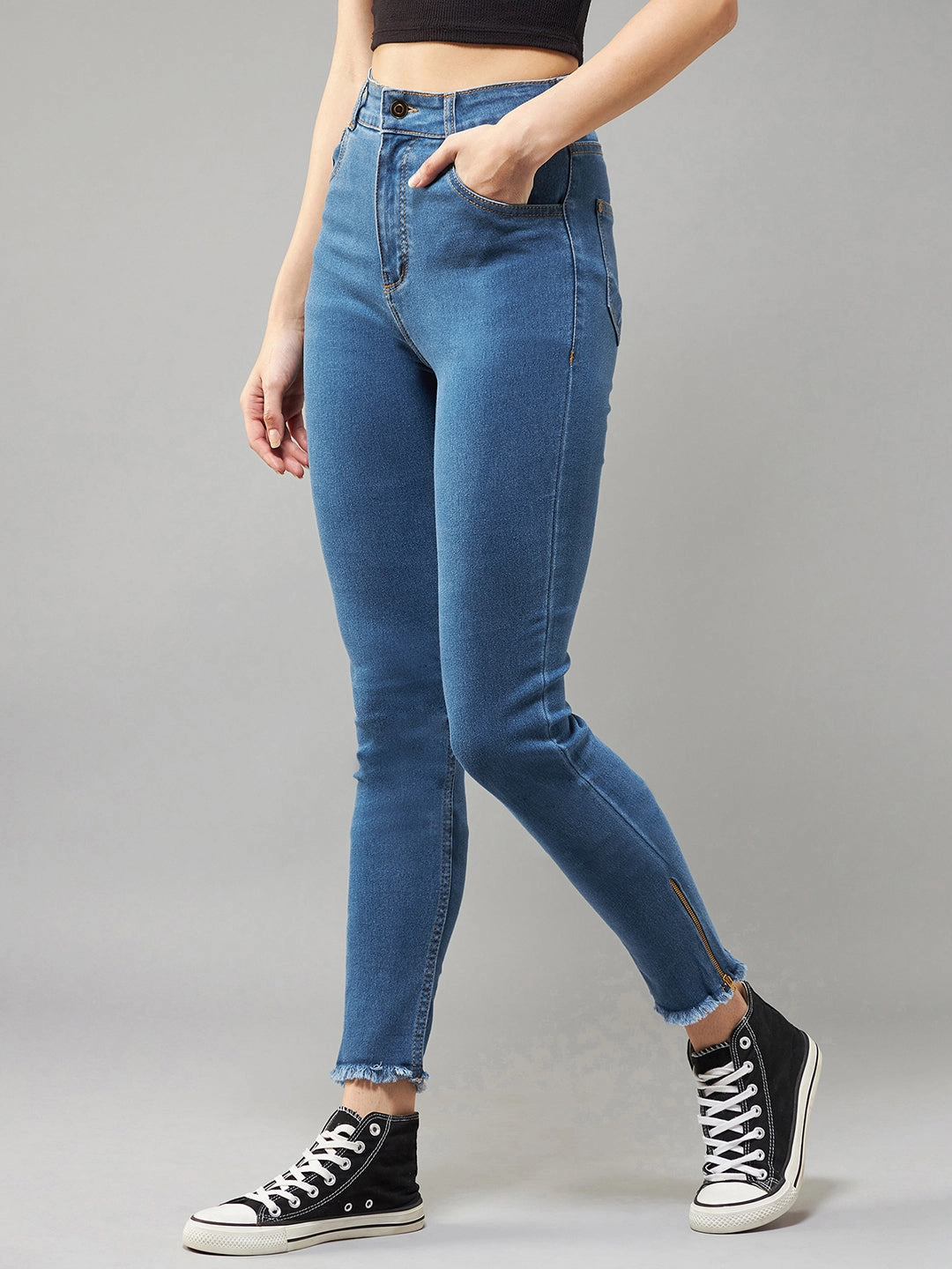 Day Ready CHASEstretch? Blue Skinny High-Rise Clean-Look Fringe And Side Zipper Detailing Cropped Denim Jeans