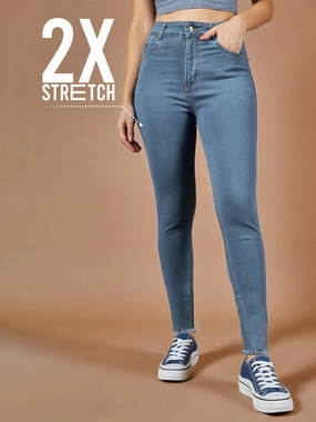 CHASEstretch? Blue Skinny High-Rise Cropped-Length Fringe Detailing Stretchable Denim Jeans Stylish Sunny Vibes