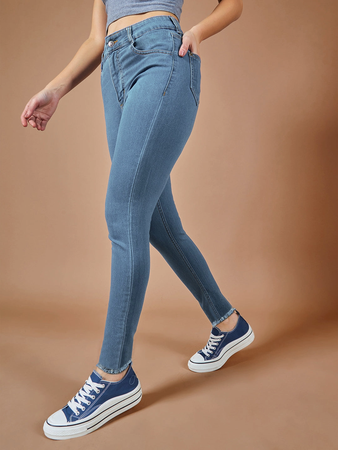 Casual Design CHASEstretch? Blue Skinny High-Rise Cropped-Length Fringe Detailing Stretchable Denim Jeans