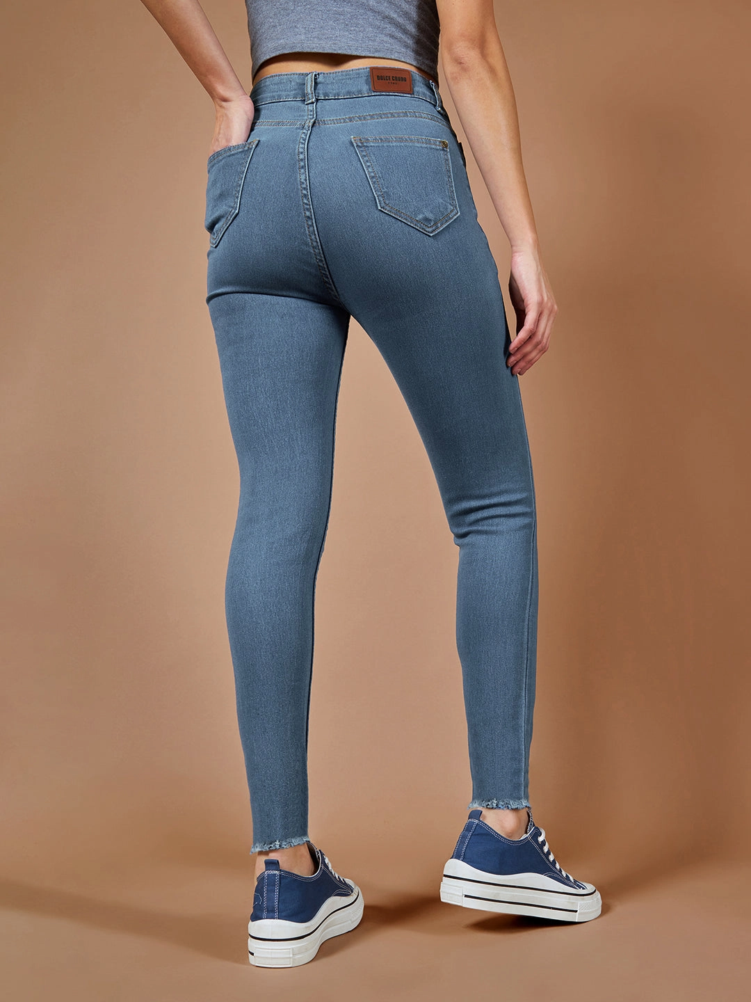 Night Out Daily Wear CHASEstretch? Blue Skinny High-Rise Cropped-Length Fringe Detailing Stretchable Denim Jeans
