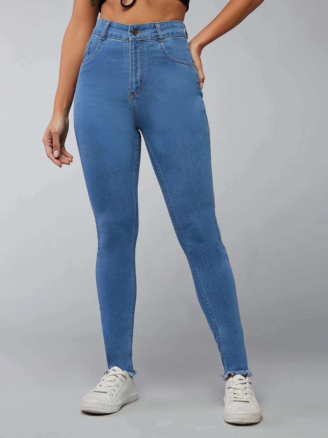 Relaxed Comfort Artist Vibe Premium CHASEstretch? Blue Skinny High-Rise Fringe And Side Zipper Detailing Cropped Denim Jeans