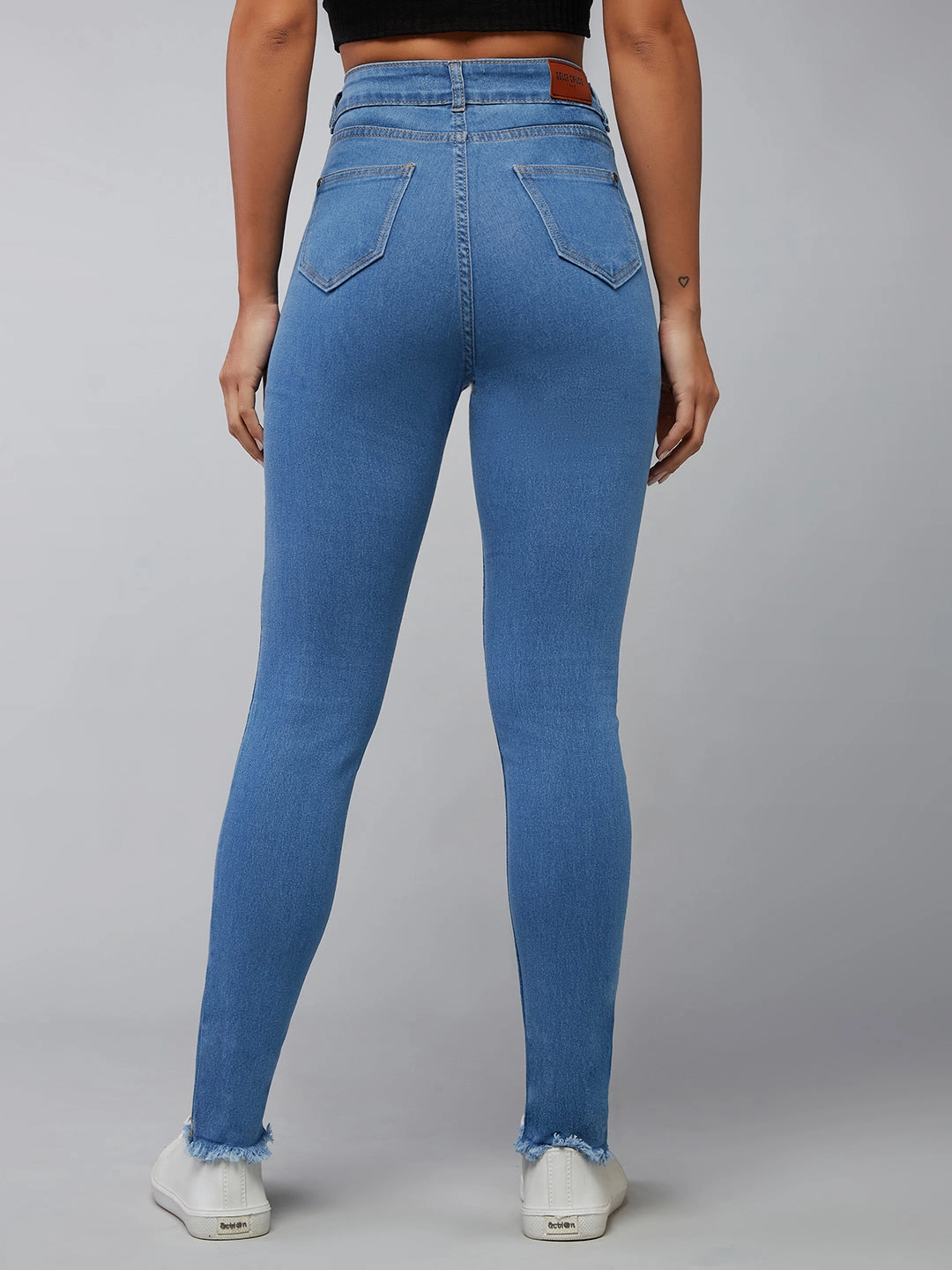 Anti Sagging Technology CHASEstretch? Blue Skinny High-Rise Fringe And Side Zipper Detailing Cropped Denim Jeans