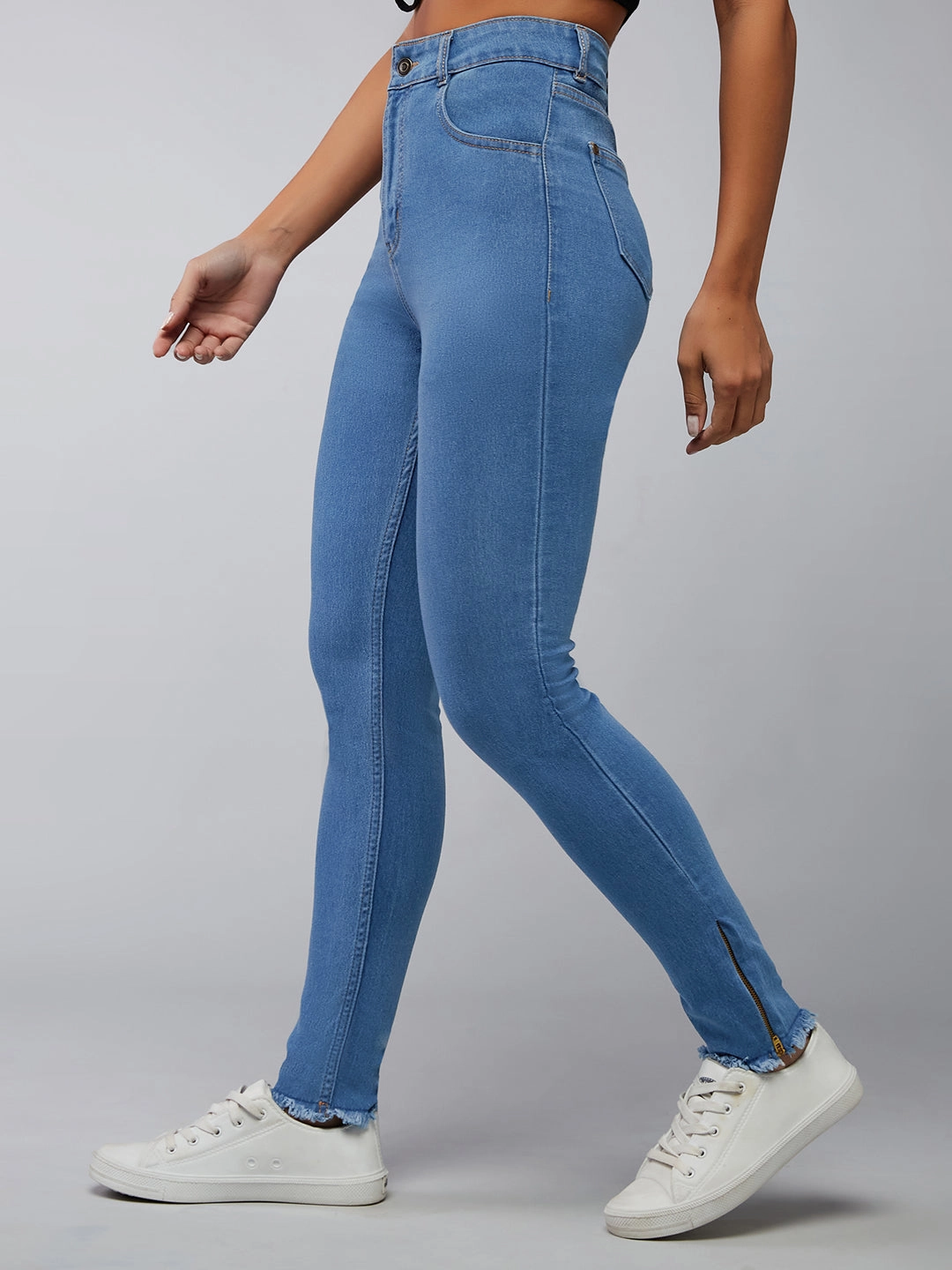 Lightweight Denim Blend CHASEstretch? Blue Skinny High-Rise Fringe And Side Zipper Detailing Cropped Denim Jeans