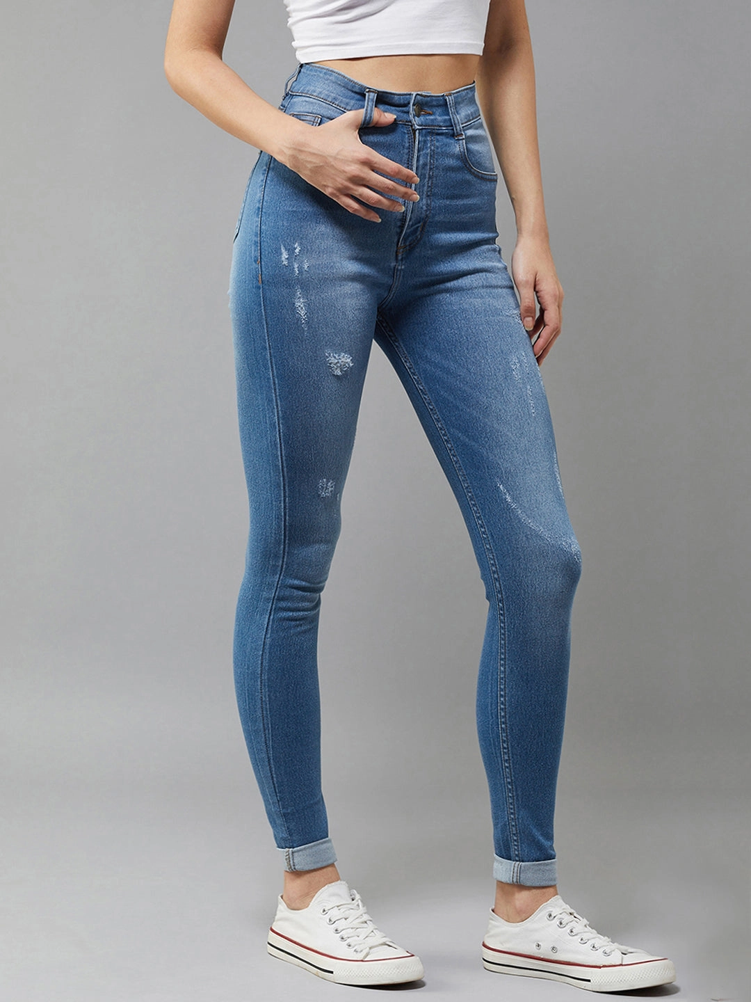 CHASEstretch? Blue Skinny High-Rise Mild Distress Denim Jeans Seasonless wear Go Everywhere