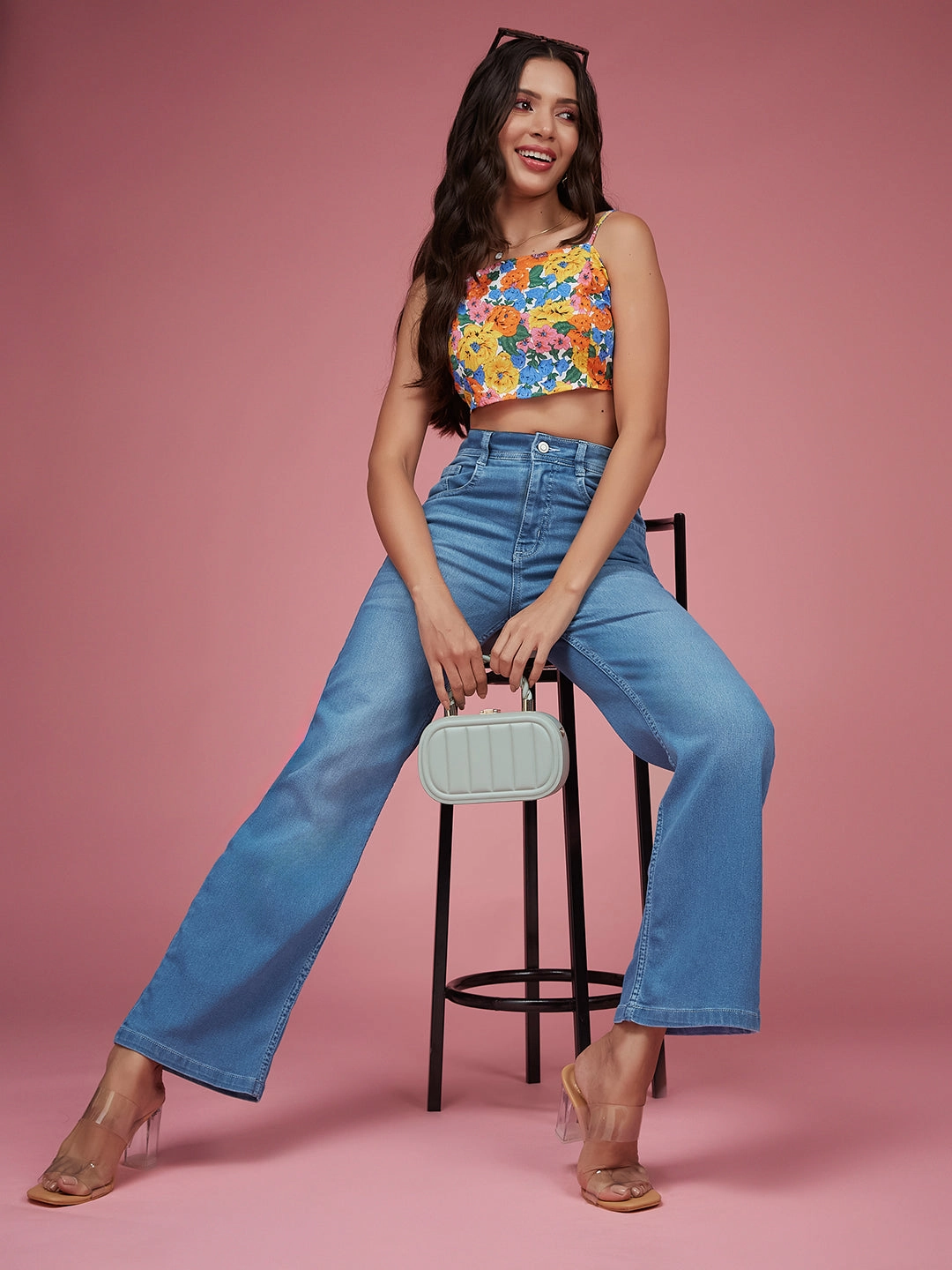 CHASEstretch? Light Blue Wide-Leg Mid-Rise Denim Jeans Sleek Shape Casual Solution