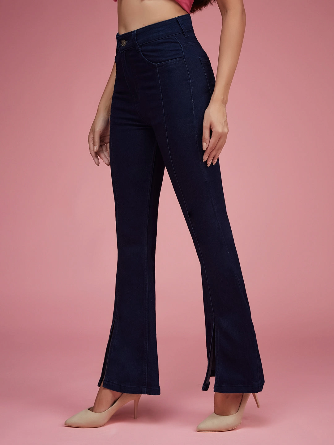CHASEstretch? Navy-Blue Bootcut High-Rise Slit Denim Jeans All Fit Use