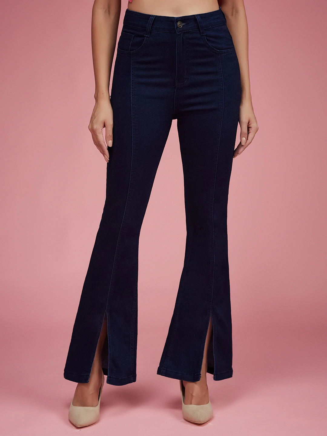 CHASEstretch? Navy-Blue Bootcut High-Rise Slit Denim Jeans Night Out Neutral Textured Multi Pocket Design