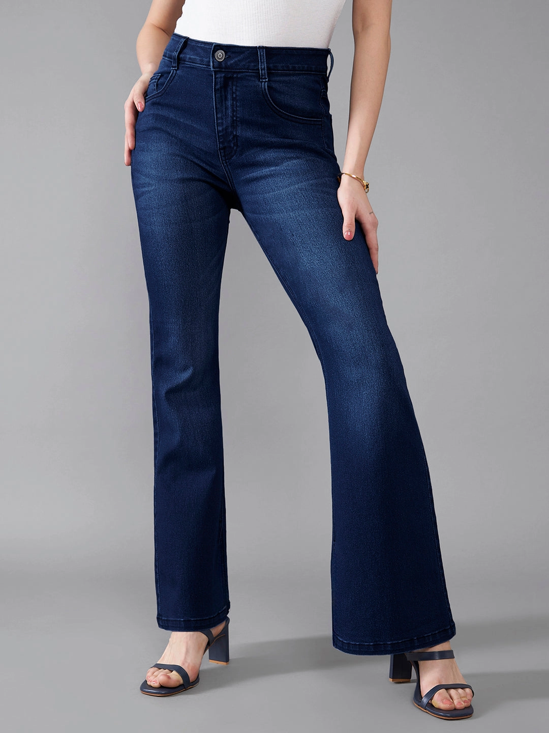 No Bulk Seam Design Comfy Touch CHASEstretch? Navy-Blue Mid-Rise Bootcut Stretchable Flared Denim Jeans