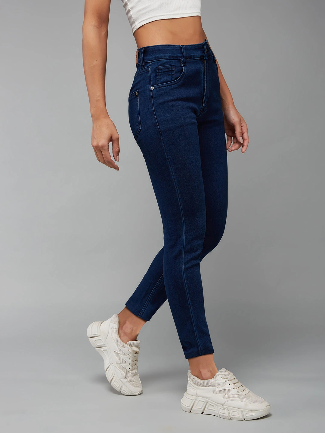 Unisex Friendly CHASEstretch? Navy-Blue Skinny-Fit Mid-Rise Cropped-Length Denim Jeans