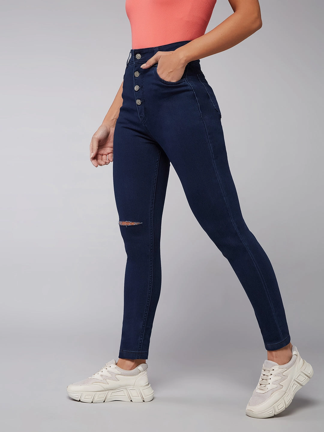 CHASEstretch? Navy-Blue Skinny High-Rise Knee-Slit Denim Jeans Trendy Sunny Vibes Always Needed