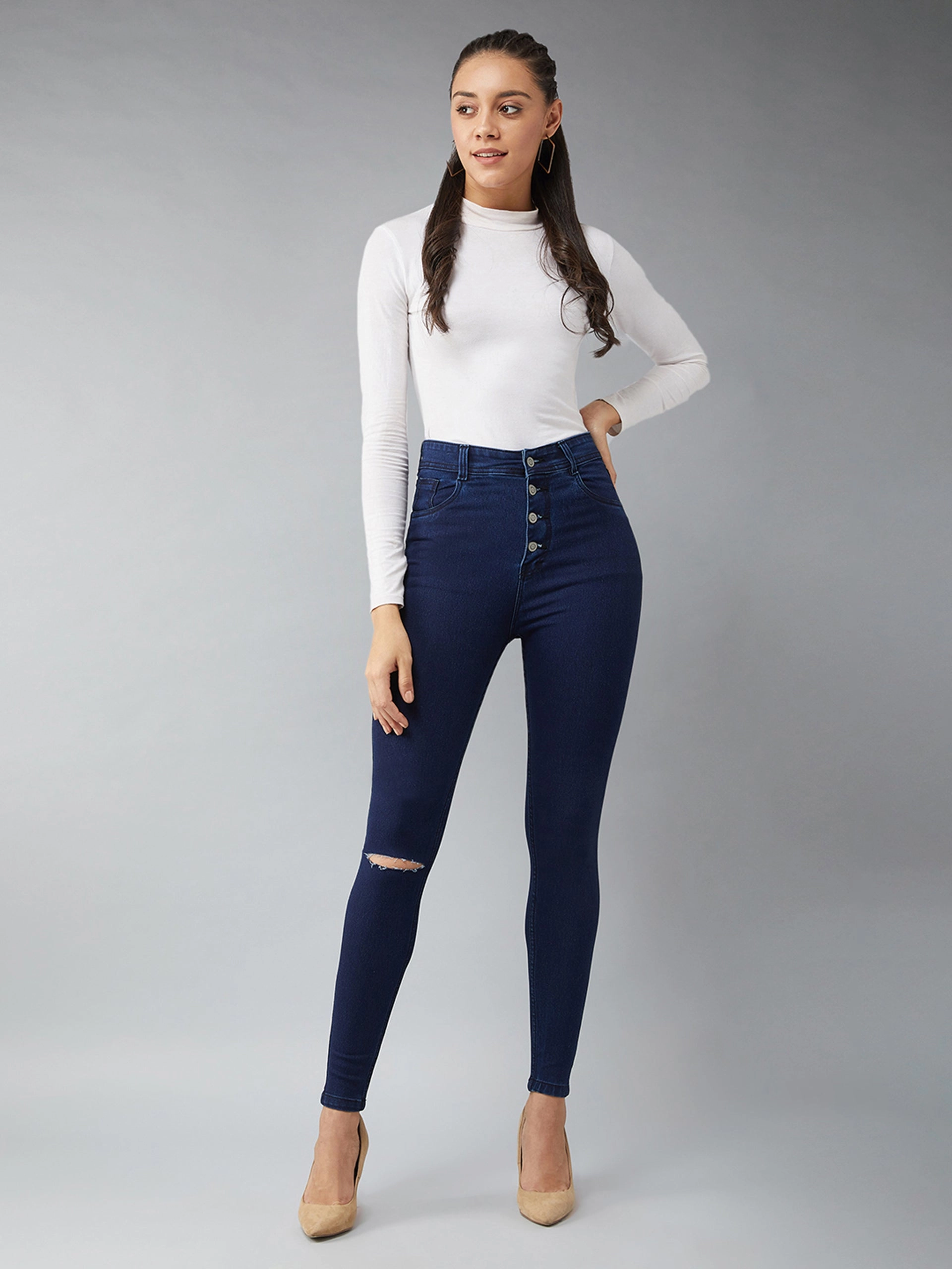 CHASEstretch? Navy-Blue Skinny High-Rise Knee-Slit Denim Jeans Daily Function