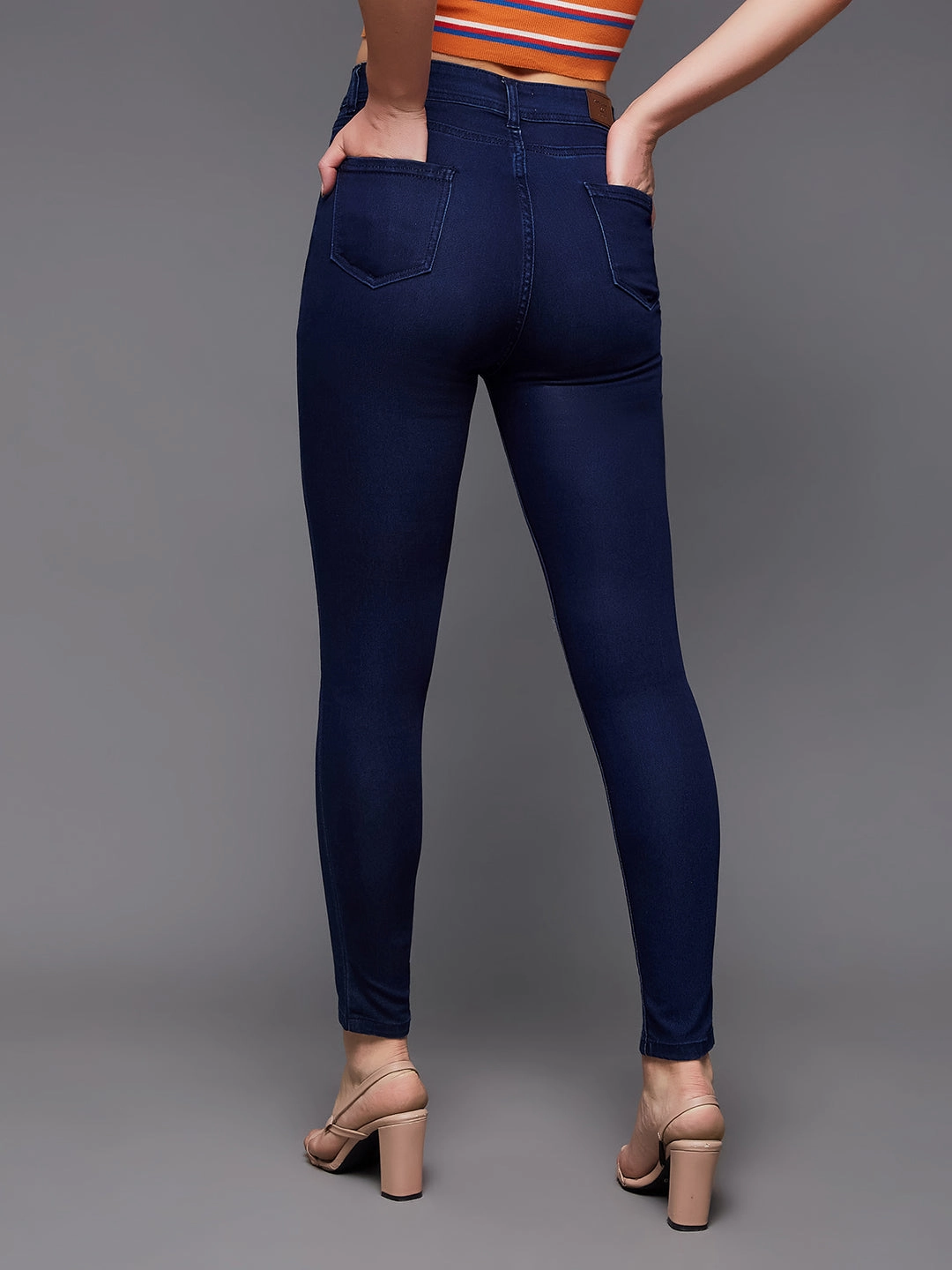 Vibrant Bold Look Street Fashion Work Meeting Unisex Wear Weekend Warrior CHASEstretch? Navy-Blue Skinny High-Rise Knee-Slit Denim Jeans