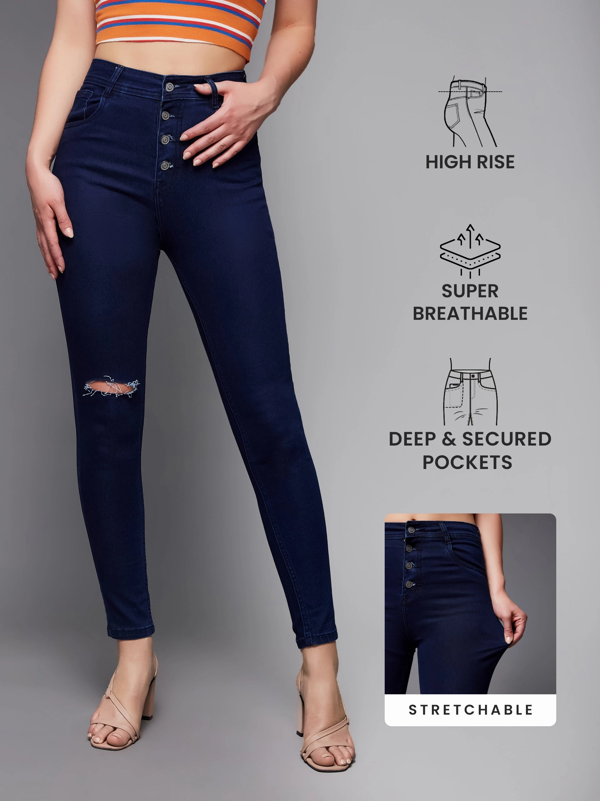 CHASEstretch? Navy-Blue Skinny High-Rise Knee-Slit Denim Jeans Weekend Warrior Creative Look Modern Party Look Classic Wear