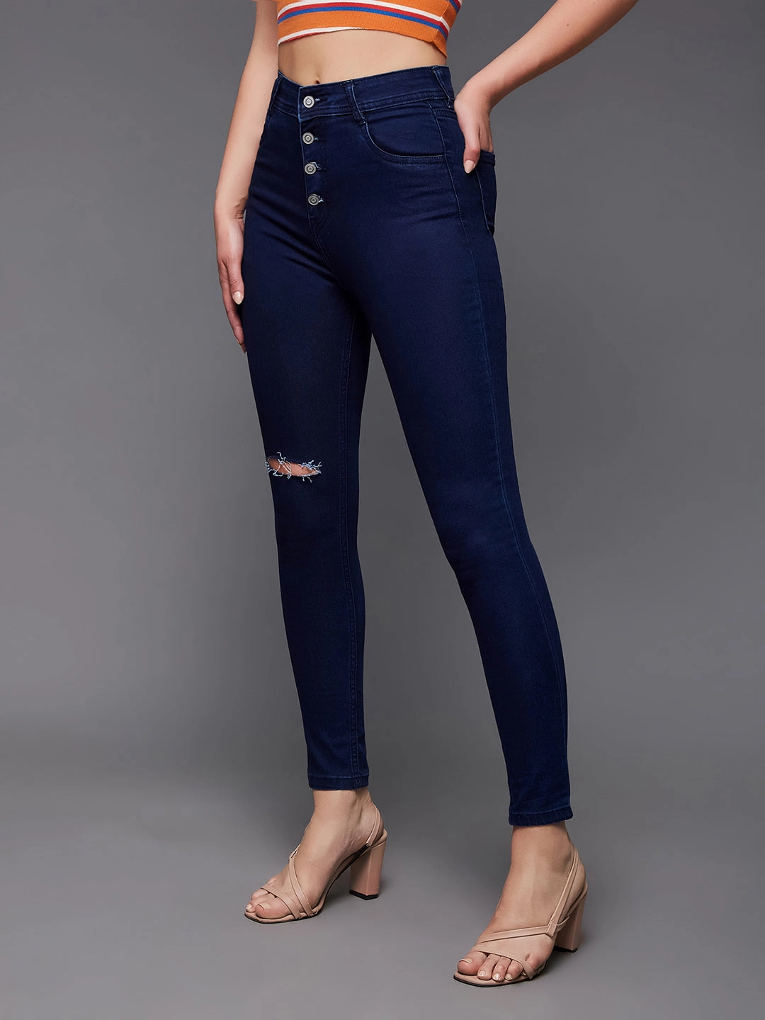 CHASEstretch? Navy-Blue Skinny High-Rise Knee-Slit Denim Jeans Sophisticated Look