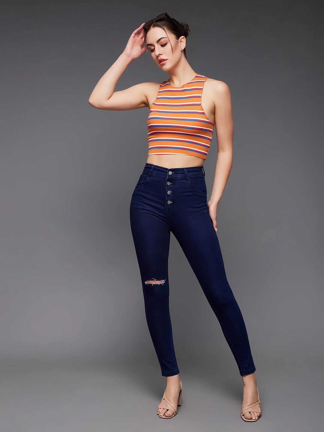 CHASEstretch? Navy-Blue Skinny High-Rise Knee-Slit Denim Jeans Functional Comfort Soft Stretch