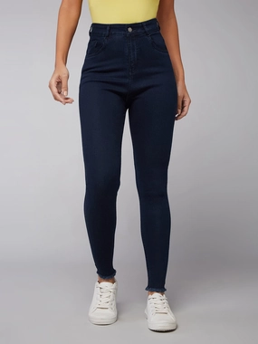 Relaxed Tailoring Work Meeting Beach Day CHASEstretch? Navy-Blue Skinny High-Rise Solid Fringed Hemline Denim Jeans