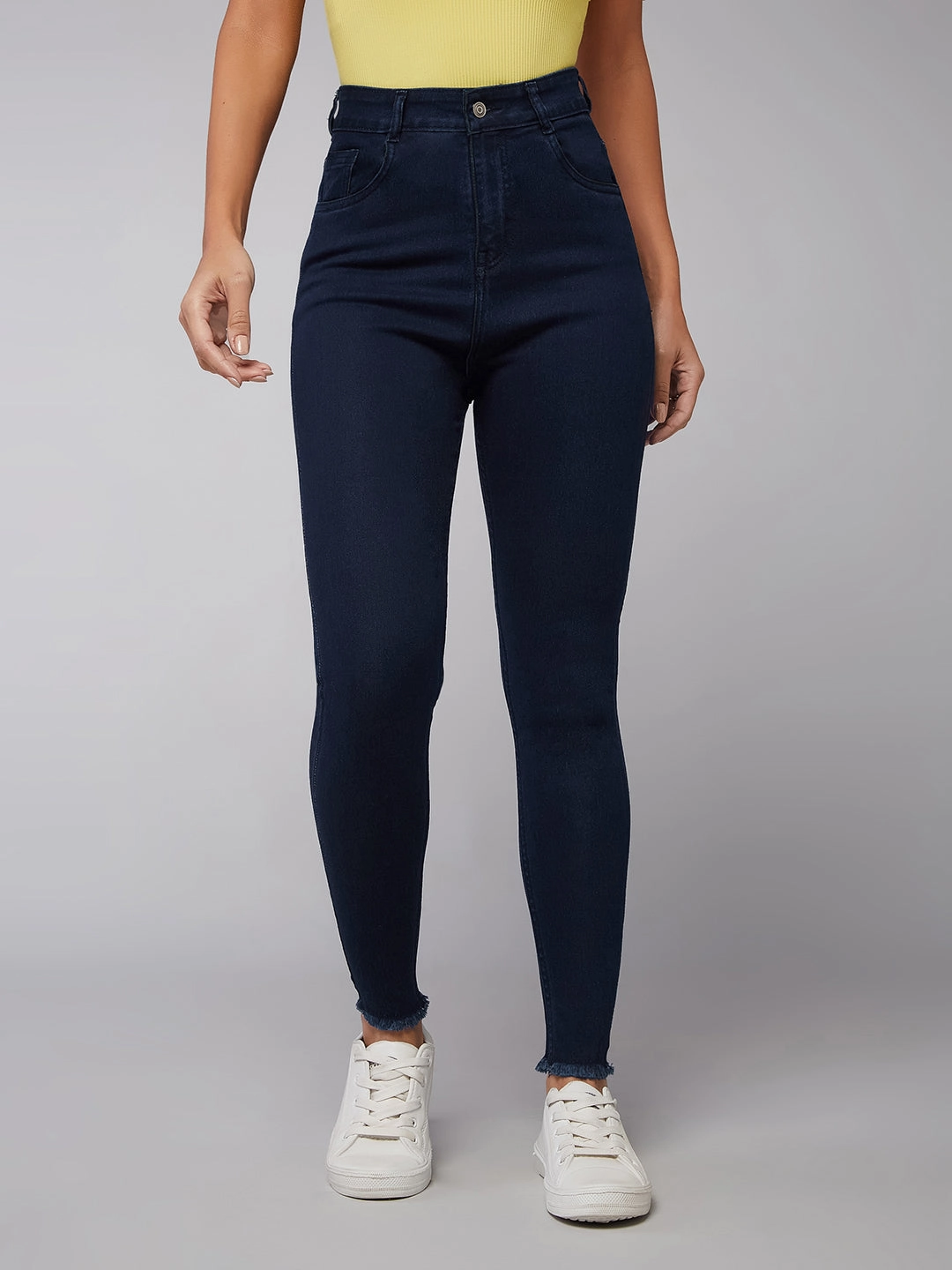 Relaxed Tailoring Work Meeting Beach Day CHASEstretch? Navy-Blue Skinny High-Rise Solid Fringed Hemline Denim Jeans