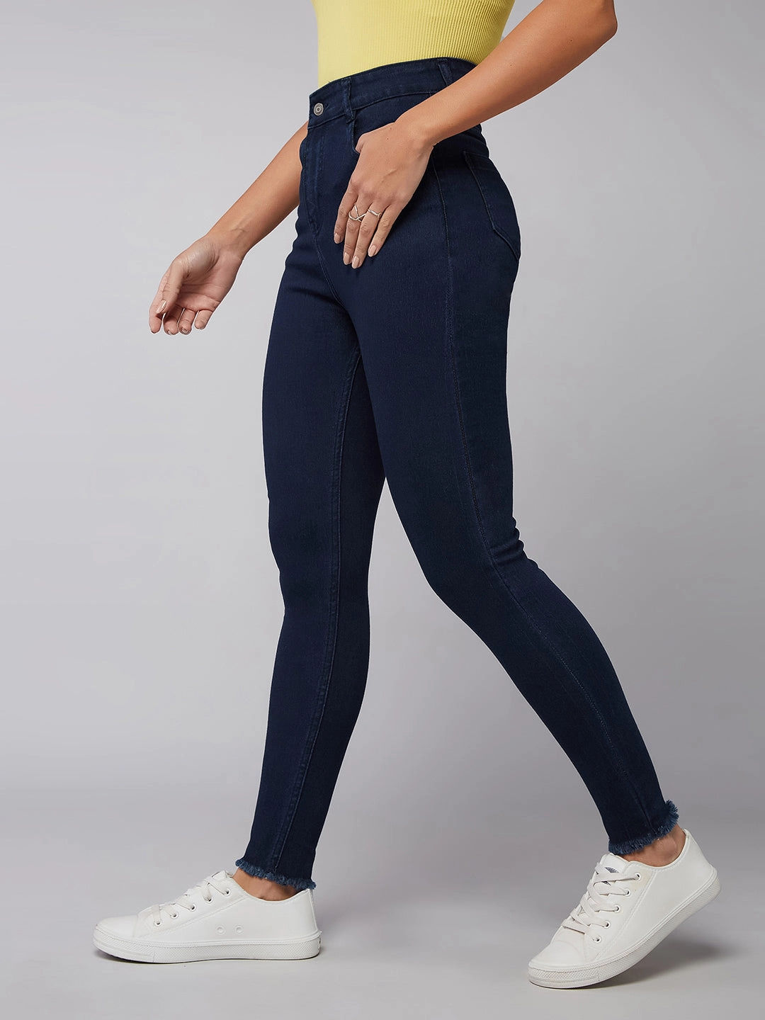 CHASEstretch? Navy-Blue Skinny High-Rise Solid Fringed Hemline Denim Jeans Light Touch Street Casual