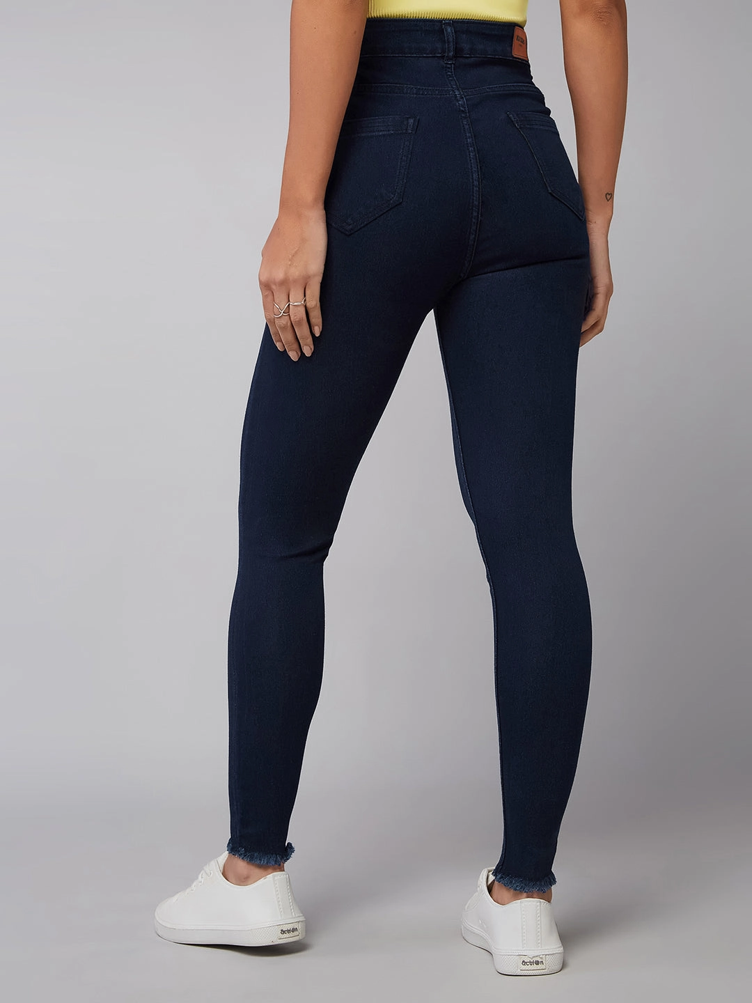 Date Night Loose Vintage Lover CHASEstretch? Navy-Blue Skinny High-Rise Solid Fringed Hemline Denim Jeans