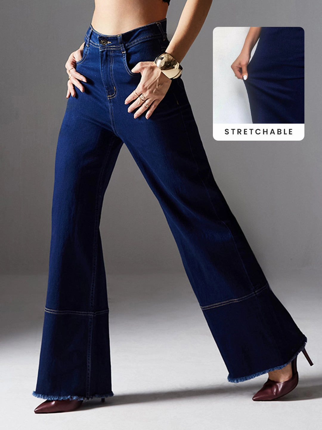 Shopping Day Street Fashion Textured tailored look CHASEstretch? Navy-Blue Wide-Leg High-Rise Denim Jeans
