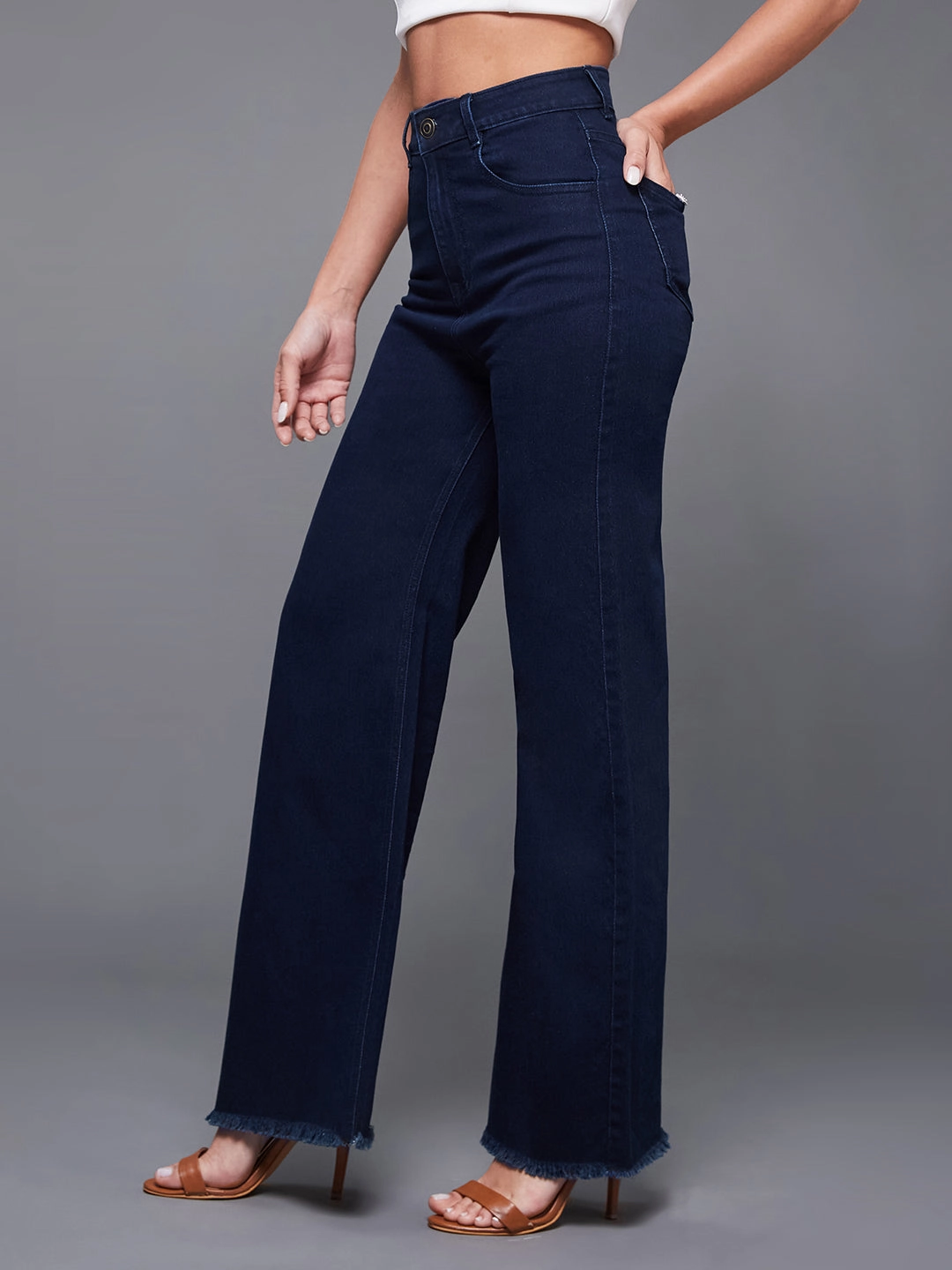 Modern Attire Textured Family Style Autumn Days CHASEstretch? Navy-Blue Wide-Leg High-Rise Denim Jeans