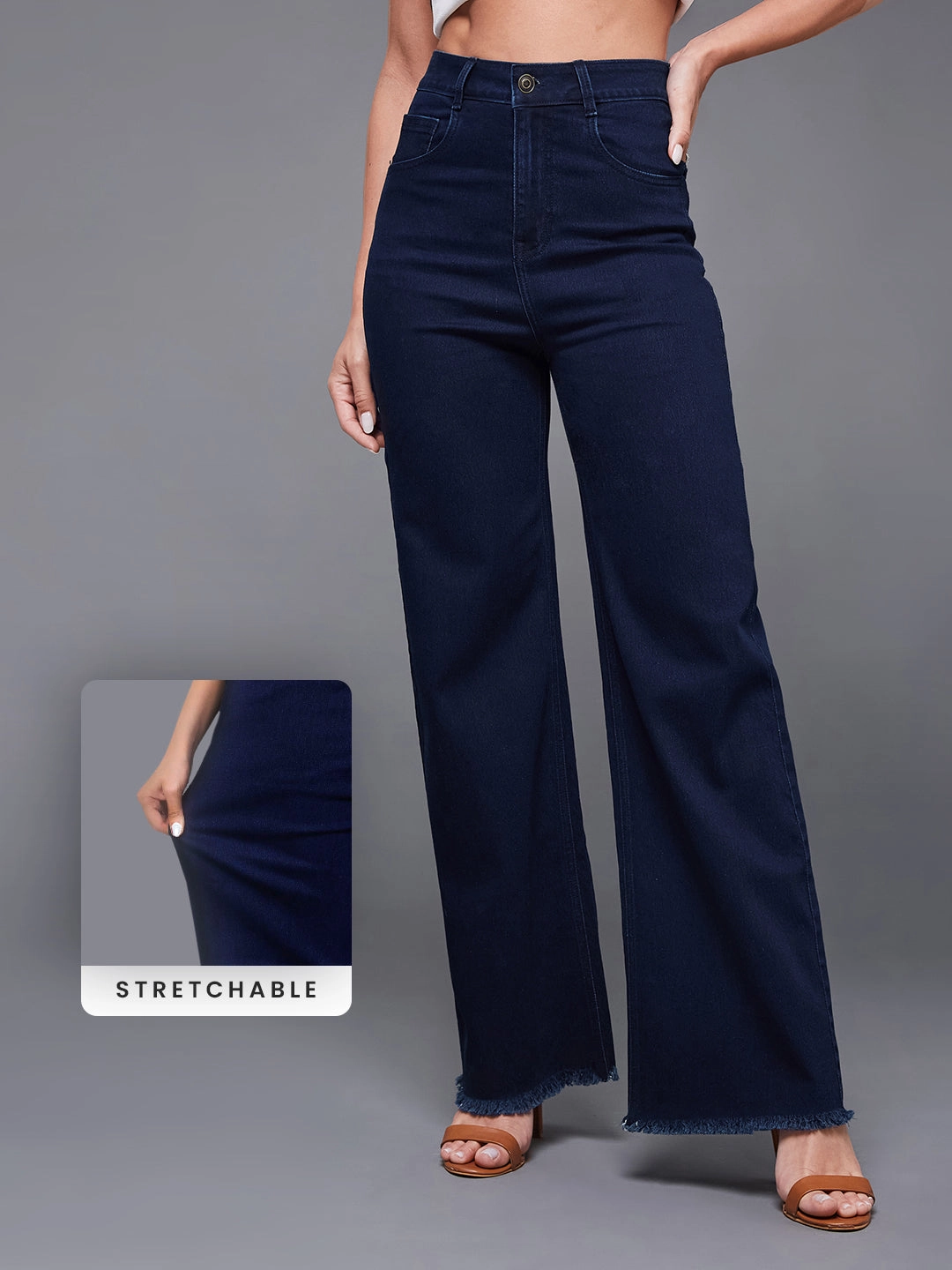 CHASEstretch? Navy-Blue Wide-Leg High-Rise Denim Jeans Easy Essentials Simple Attire