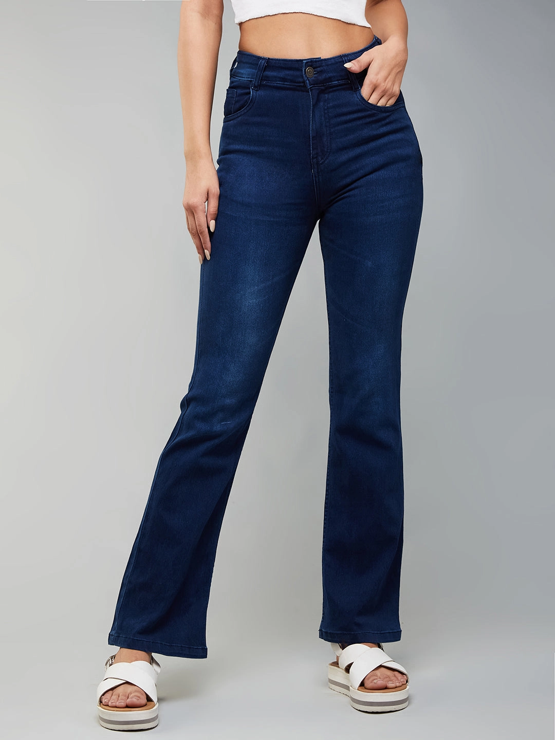 Comfortable Outfit Relaxed Style City Walk Trend Setter CHASEstretch? Navy-Blue Wide-Leg Mid-Rise Denim Jeans