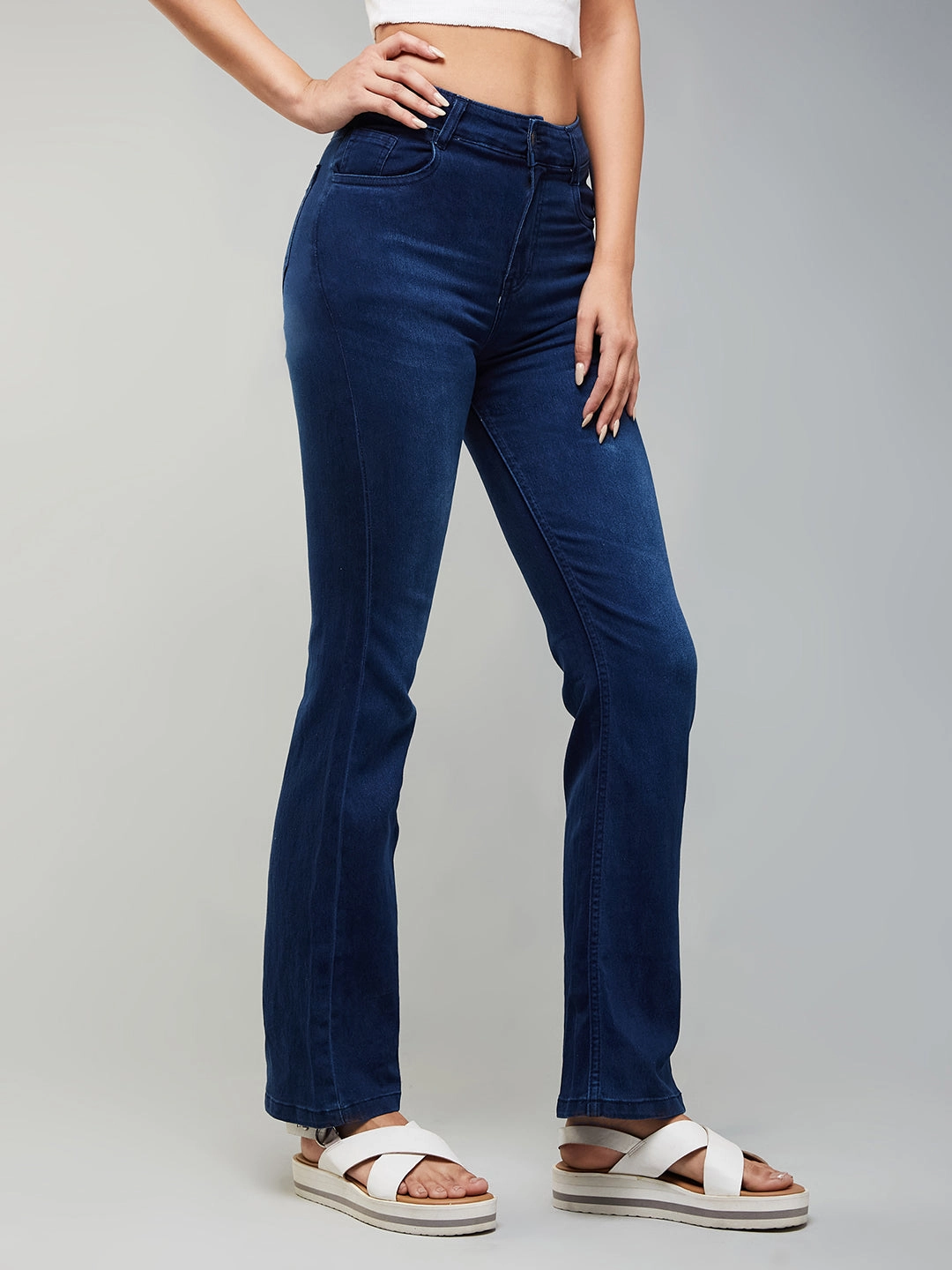 Light Outfit CHASEstretch? Navy-Blue Wide-Leg Mid-Rise Denim Jeans