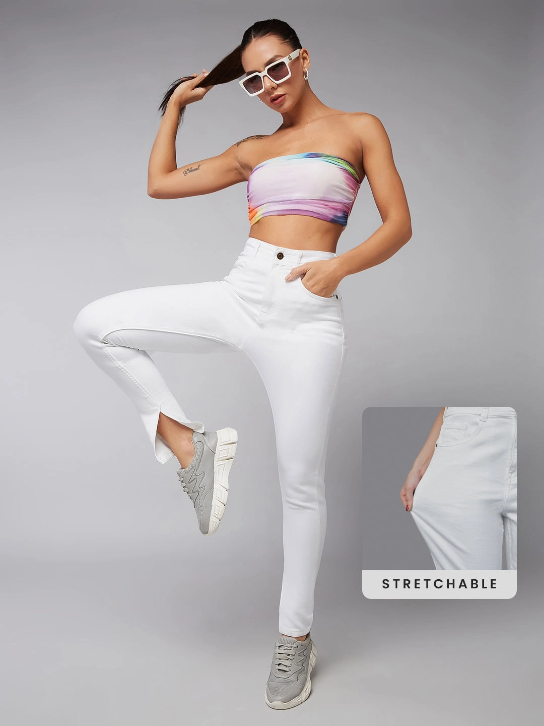 CHASEstretch? White Skinny Mid-Rise Bleached Side-Slit Denim Jeans Rugged Feel