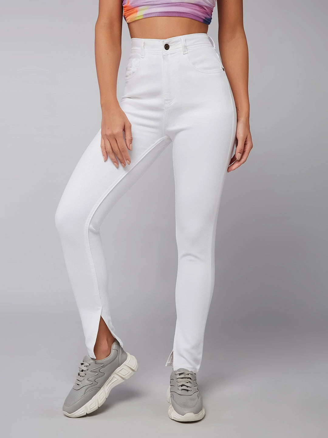 Vibrant Trendy Lightwear Option CHASEstretch? White Skinny Mid-Rise Bleached Side-Slit Denim Jeans