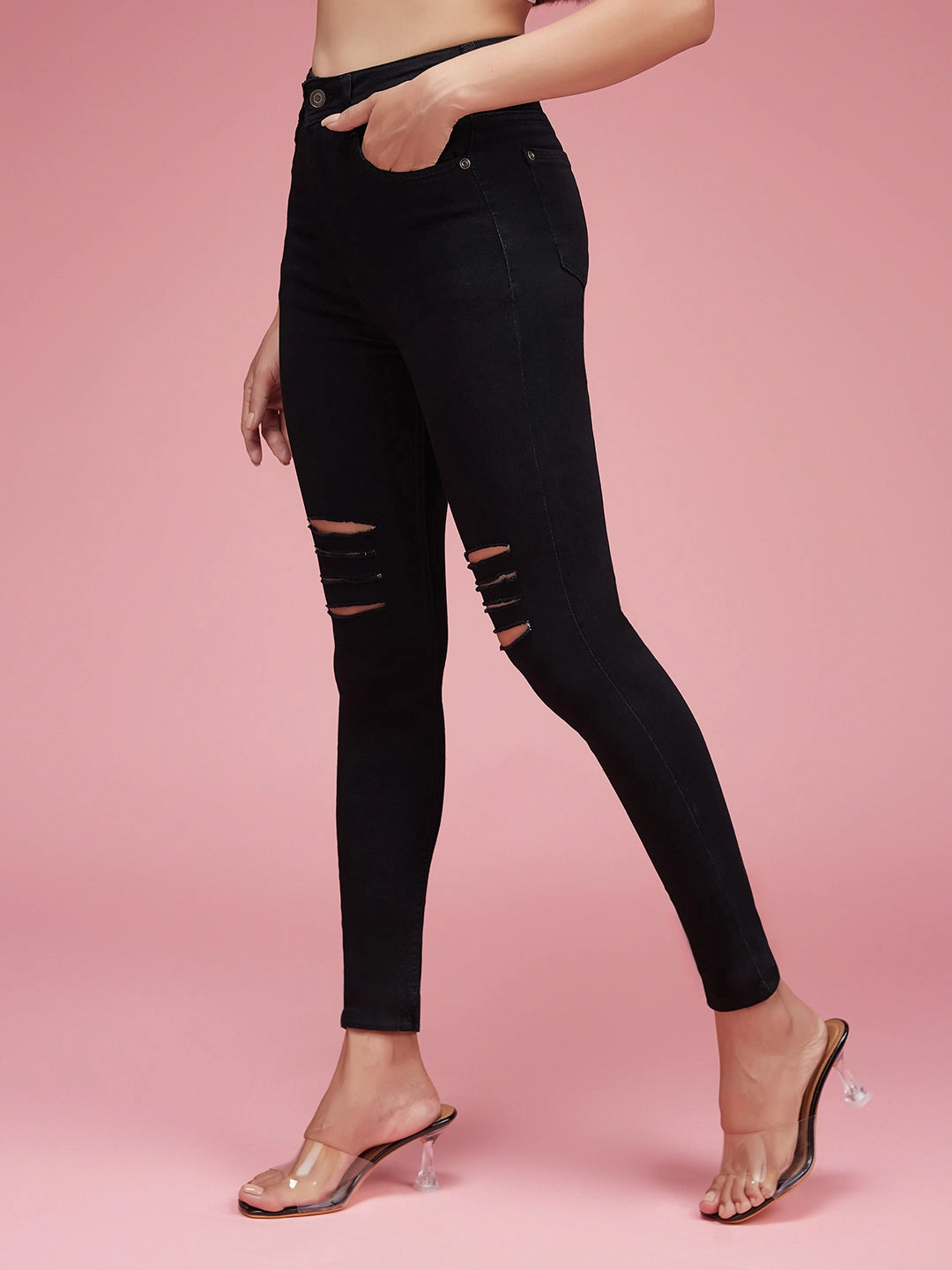 CHASEstretch? Women's Black Slim-Fit High-Rise Mild Distressed Ripped Stretchable Denim Jeans Festival Outfit Comfy Couple Look Modern