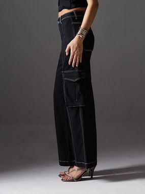 Gym Ready Slim Teen Outfit CHASEstretch? Women's Black Wide-Leg High-Rise Cargo Denim Jeans