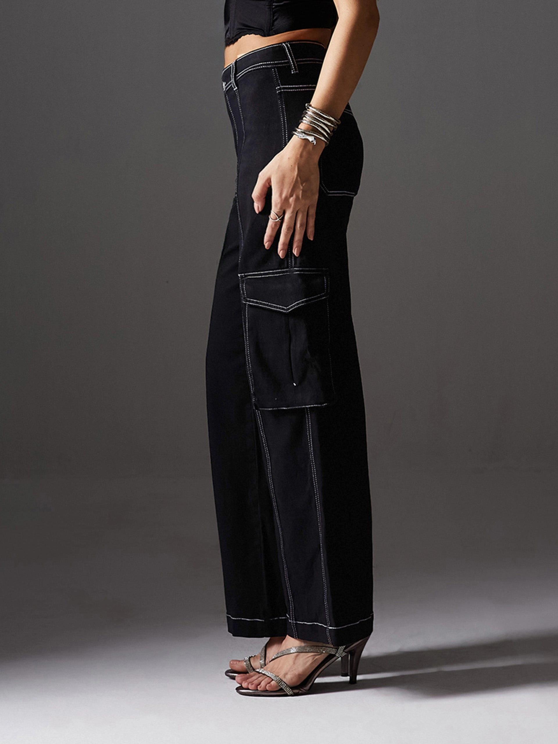 Gym Ready Slim Teen Outfit CHASEstretch? Women's Black Wide-Leg High-Rise Cargo Denim Jeans