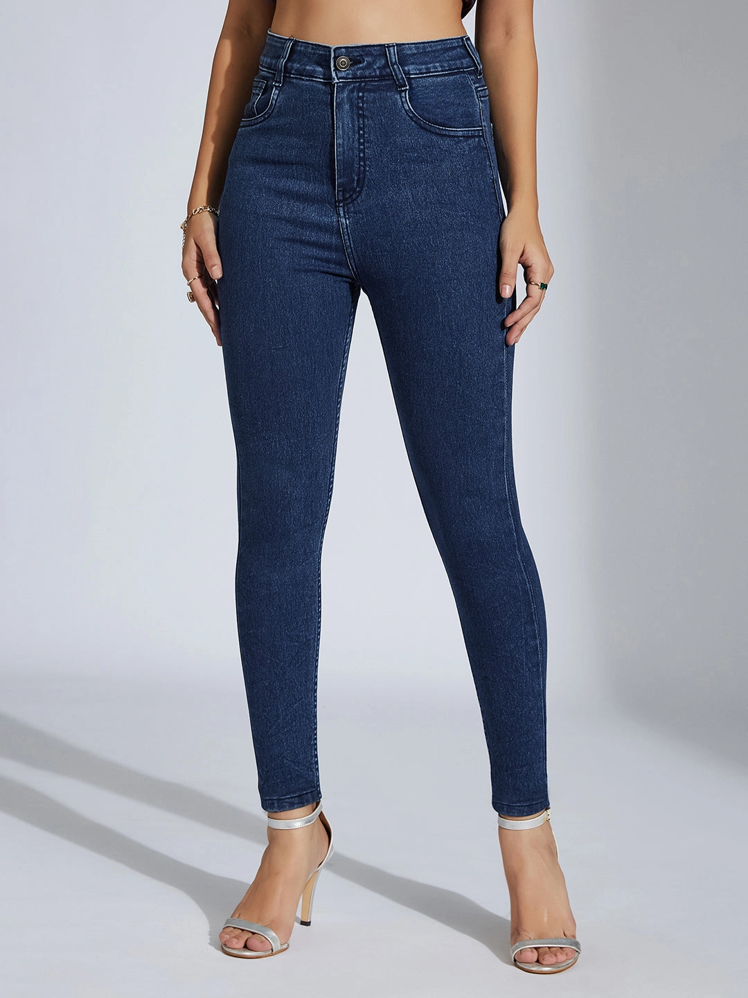 CHASEstretch? Women's Blue Skinny-Fit High-Rise Clean-Look Cropped Stretchable Denim Jeans Casual Friday Parent Style Travel Outfit Stylish Sunny Vibes