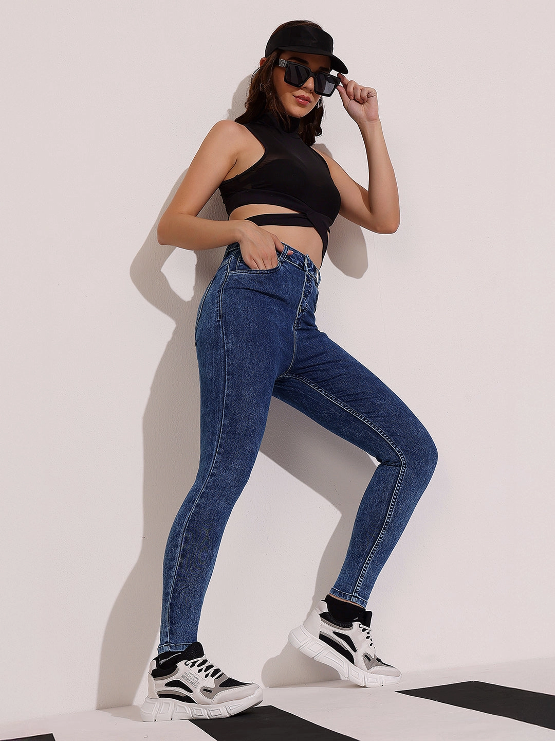 Weekend Style Casual Parent Style CHASEstretch? Women's Blue Skinny-Fit High-Rise Clean-Look Regular-Length Stretchable Denim Jeans