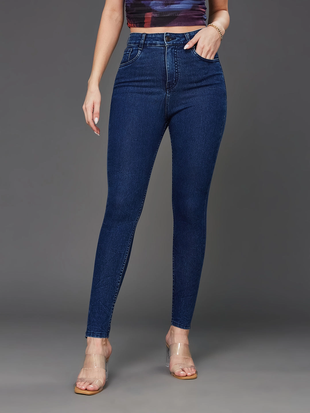 CHASEstretch? Women's Blue Skinny-Fit High-Rise Cropped Stretchable Denim Jeans Straight Leg Design Lightweight Morning Stroll