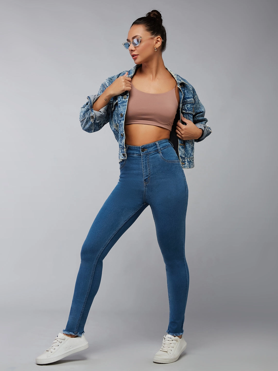Casual Student Outfit CHASEstretch? Women's Blue Skinny High-Rise Cropped-Length Fringe Detailing Stretchable Denim Jeans