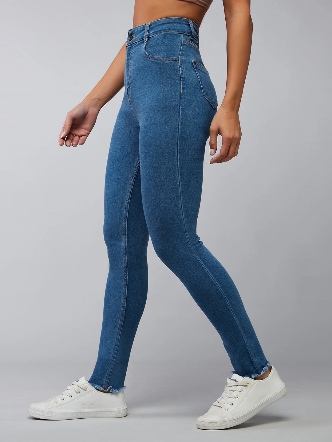 CHASEstretch? Women's Blue Skinny High-Rise Cropped-Length Fringe Detailing Stretchable Denim Jeans Garment Dyed Technique Night Out Rainy Day