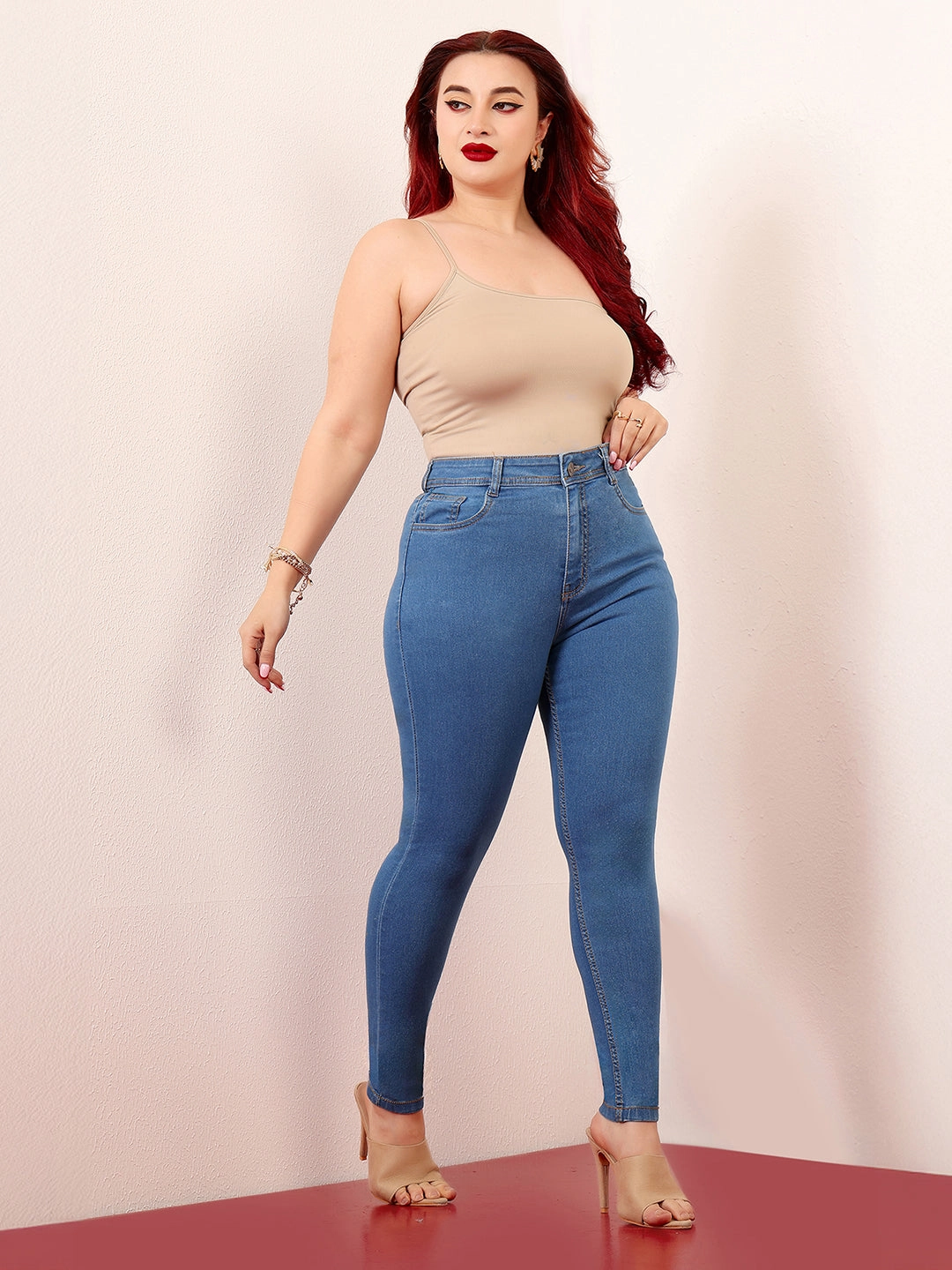 Flexible Match Premium Cotton Blend CHASEstretch? Women's Blue Skinny High-Rise Distressed Denim Jeans