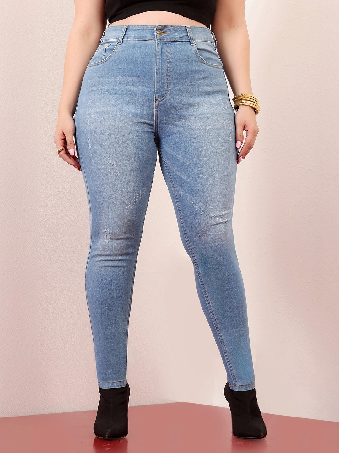 Modern Minimalist Urban Explorer CHASEstretch? Women's Blue Skinny High-Rise Mild-Distress Stretchable Denim Jeans