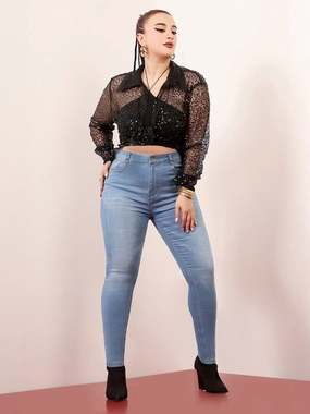 CHASEstretch? Women's Blue Skinny High-Rise Mild-Distress Stretchable Denim Jeans Everyday Gym Ready