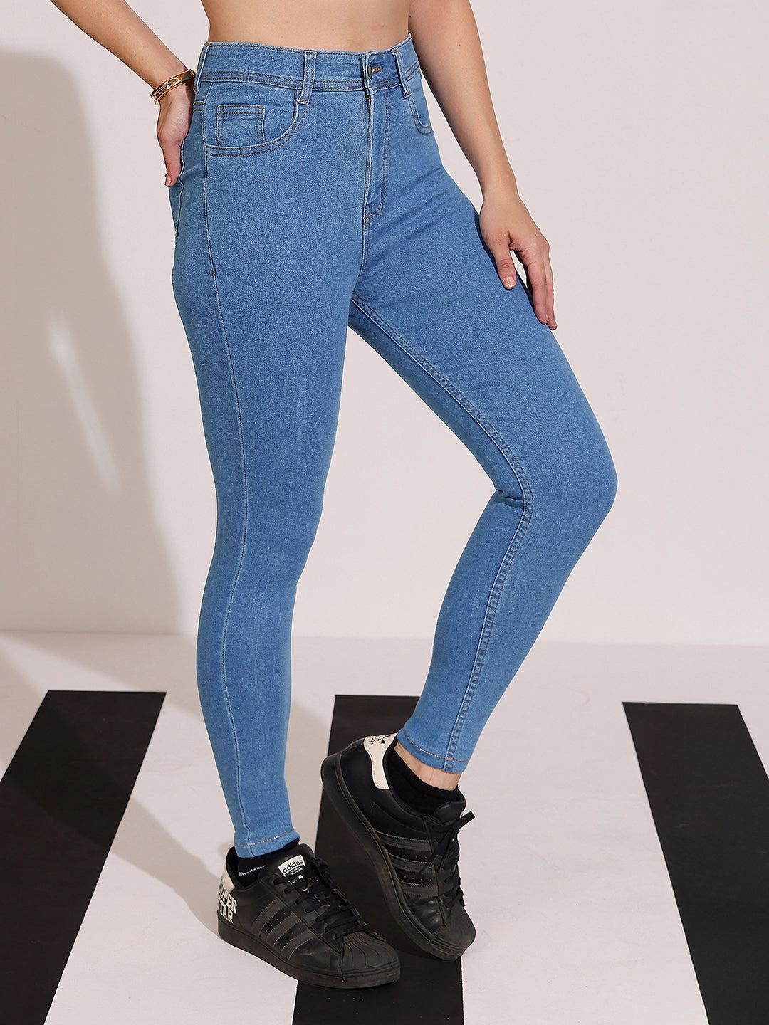 CHASEstretch? Women's Blue Solid Skinny High Rise Clean Look Cropped Fringe Detailing Solid Stretchable Denim Jeans Layered Knee Panels Rainy Day Chill Outfit Nature Lover