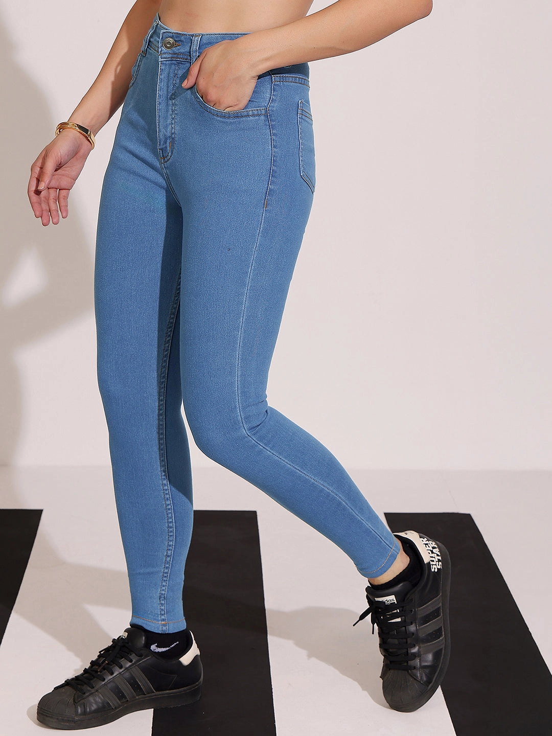 Casual Staple Beach Day Sustainable CHASEstretch? Women's Blue Solid Skinny High Rise Clean Look Cropped Fringe Detailing Solid Stretchable Denim Jeans