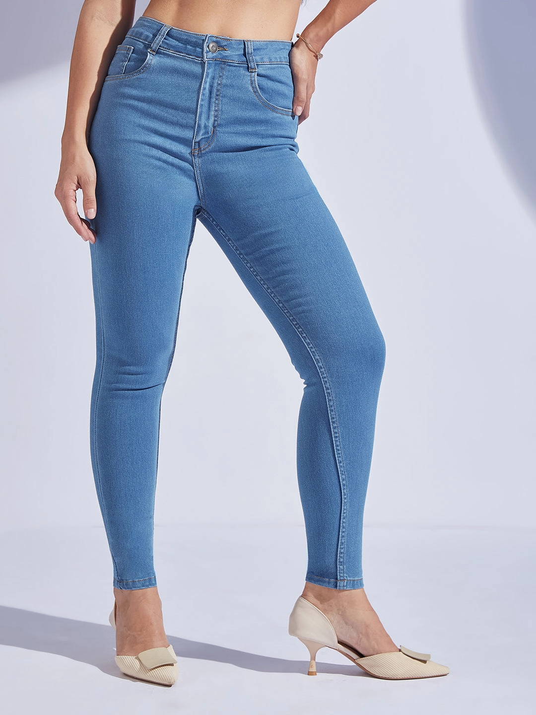 CHASEstretch? Women's Blue Solid Skinny High-Rise Cropped Fringe Detailing Solid Stretchable Denim Jeans school outfit