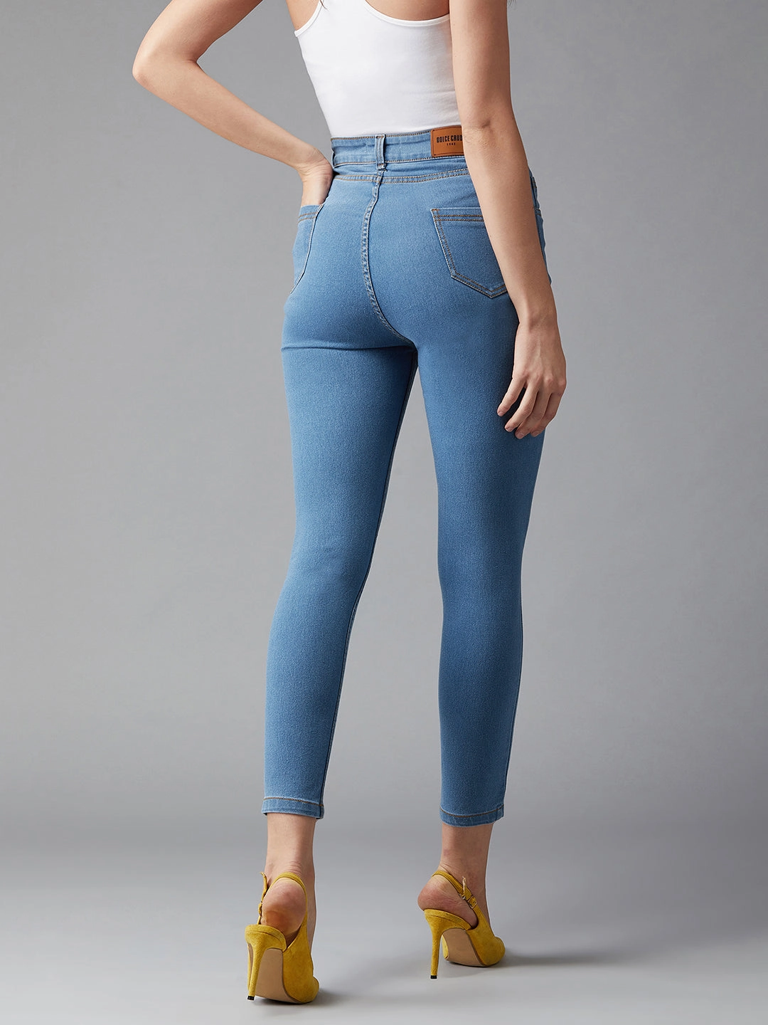 Comfortable Tailoring Family Style Parent Style Smart Casual CHASEstretch? Women's Blue Solid Skinny High-Rise Cropped Fringe Detailing Solid Stretchable Denim Jeans